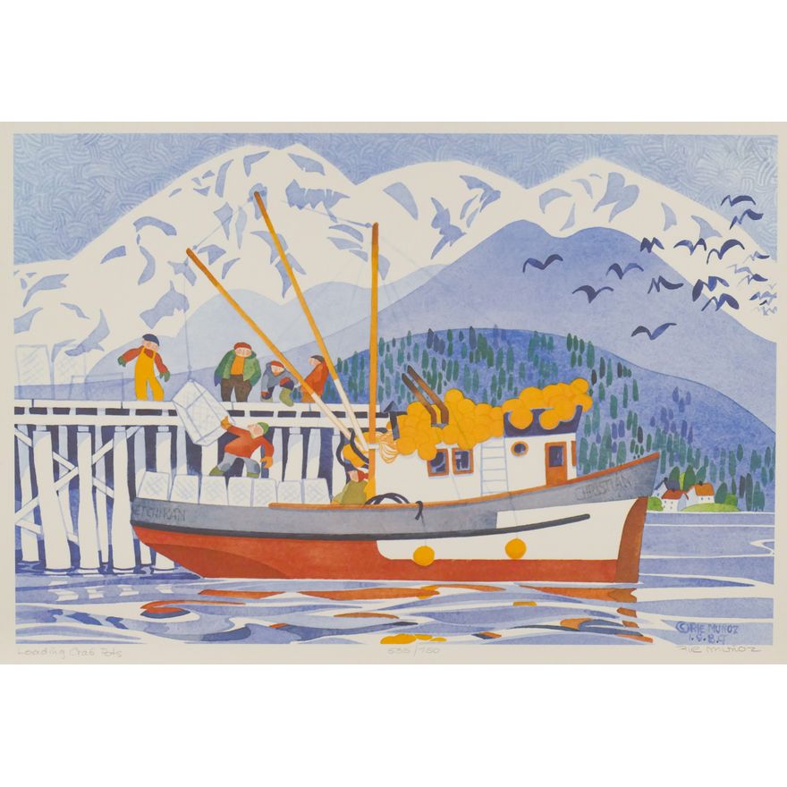 Rie Munoz ''Loading Crab Pots'' 1989 Signed Print 14.5'' x 19.75'' Sheet.