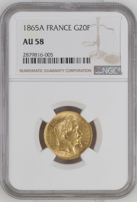 France Napoleon III 1865 A Gold 20 Francs NGC AU 58 | The Coin
