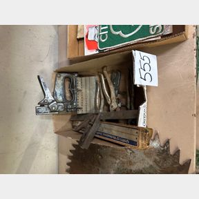 Mixed box of hog ringer tools, stapler , hacksaw blade