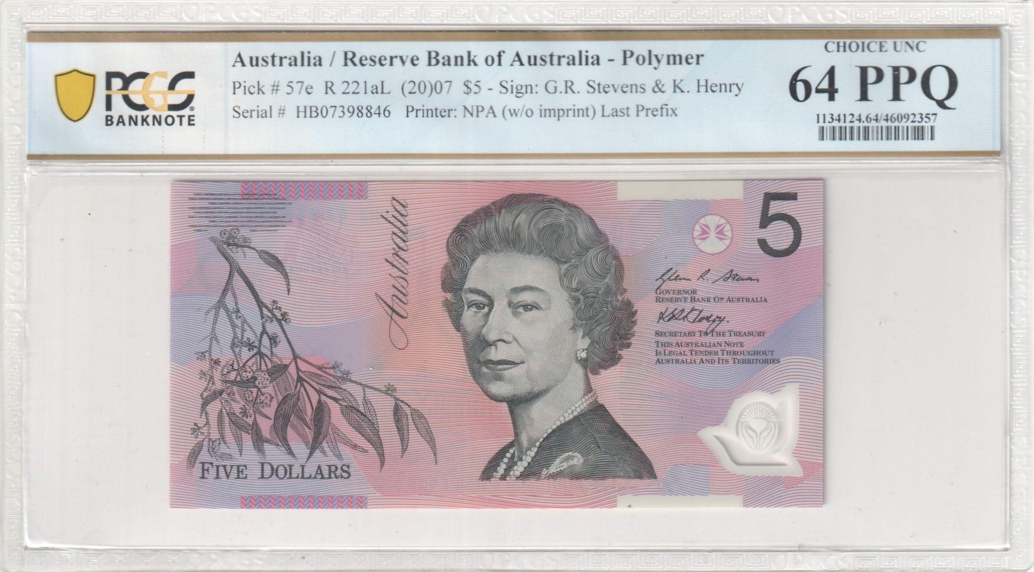 138 · RBA, Polymer, NPA (w/o imprint), Sign: G.R. Stevens & K. Henry, Last Prefix, Five Dollar, 2007, PCGS - Choice UNC 64 PPQ