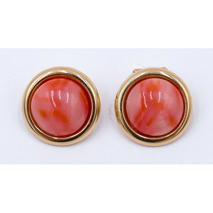 Pair 14k Pink Coral Cabochon Round Earrings 17mm - 5 Grams