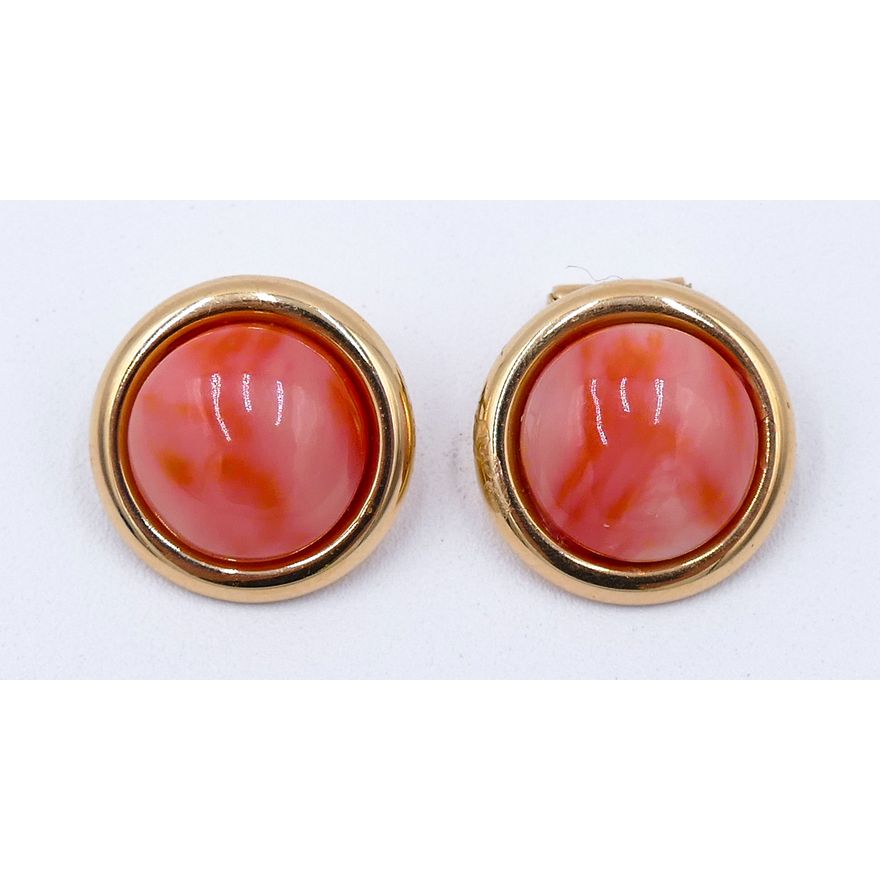 Pair 14k Pink Coral Cabochon Round Earrings 17mm - 5 Grams