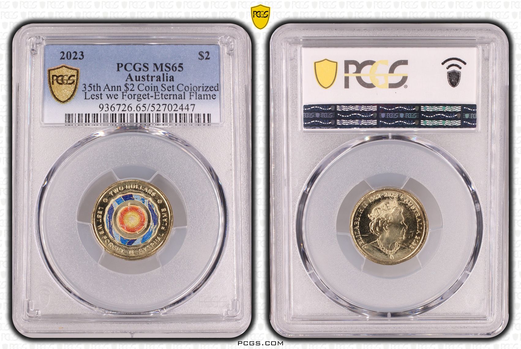 35th Ann $2 Coin Set Colorized Lest we Forget-Eternal Flame, Two Dollar, 2023, PCGS MS65