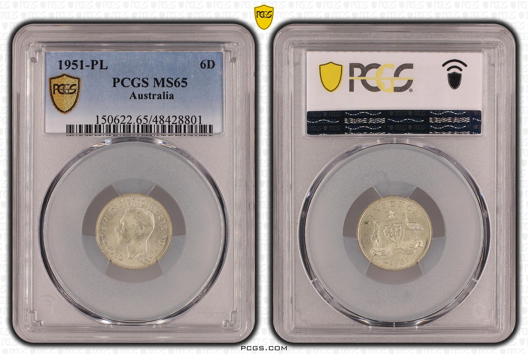 Elizabeth II, Sixpence, 1951-PL, PCGS MS65