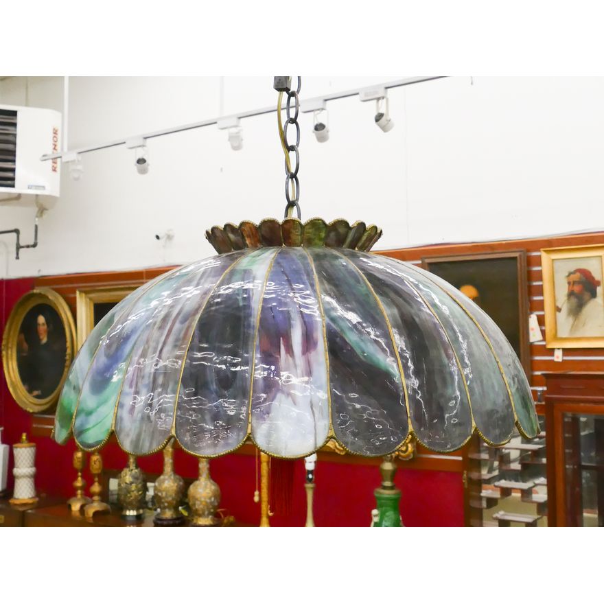 Antique Green & Purple Slag Leaded Glass Hanging Light Fixture- 9x20''