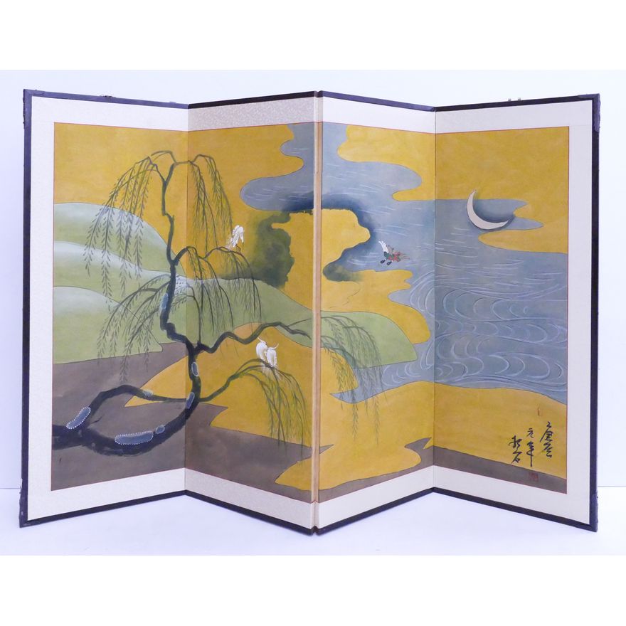 Japanese Painted 4 Panel Screen- Night Scene with Birds- 36x54''