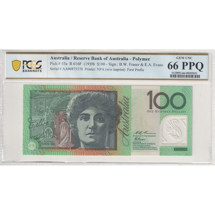 Fraser/Evans, Polymer, NPA (w/o imprint), First Prefix, One Hundred Dollar, 1996, PCGS Gem UNC 66 PPQ