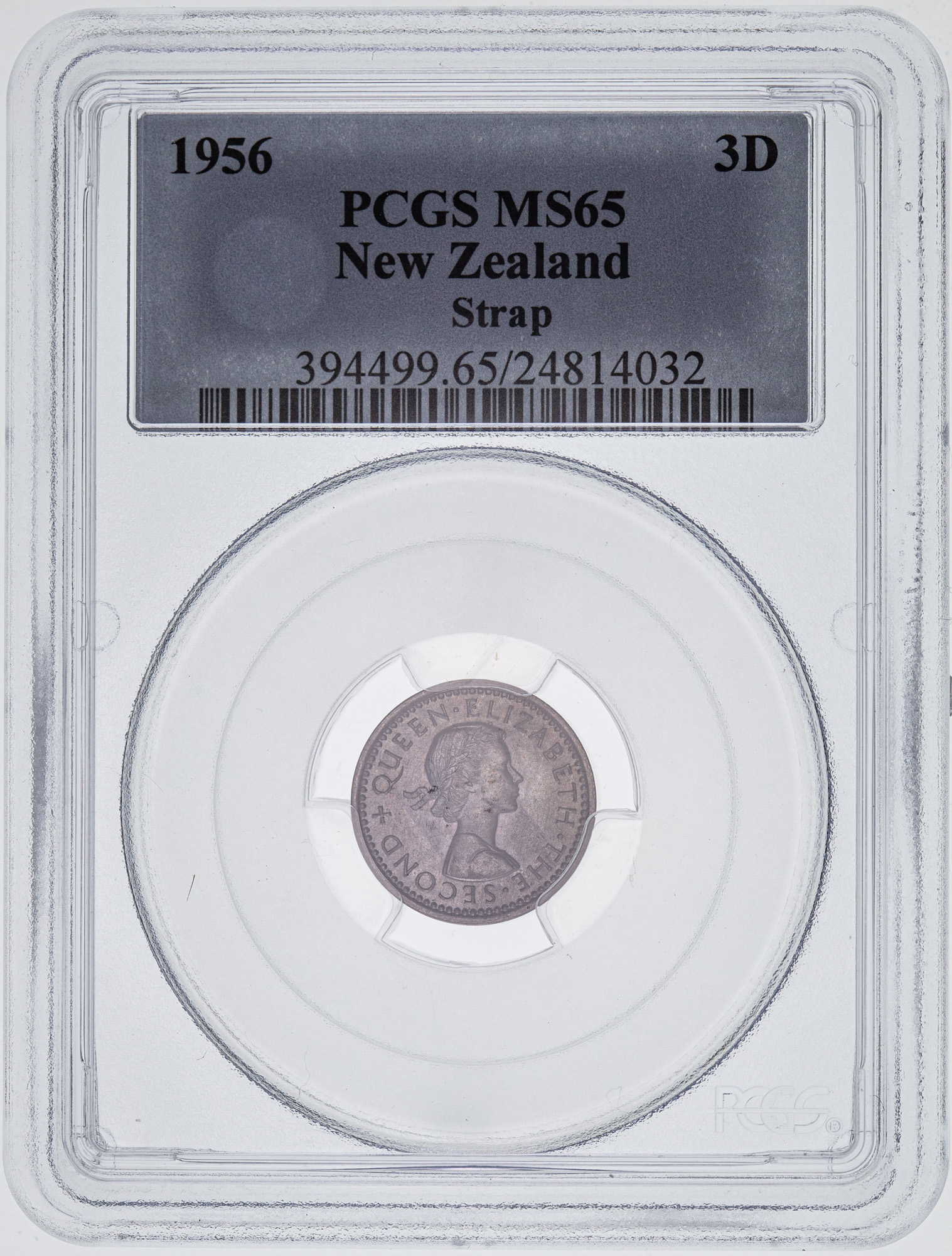 41 · New Zealand, Strap, Threepence, 1956, PCGS - MS65