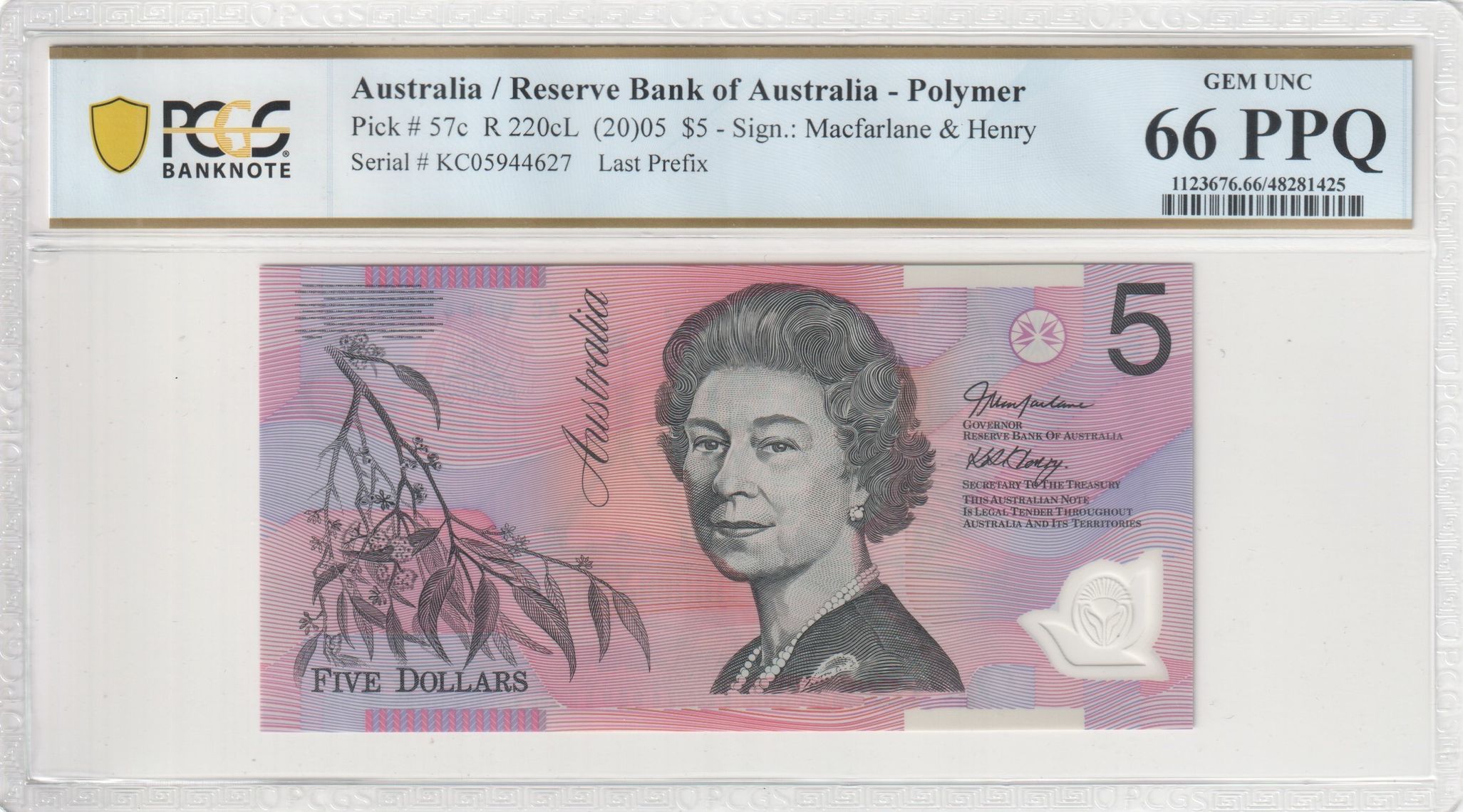 Macfarlane/Henry, Last Prefix, Five Dollar, 2005, PCGS Gem UNC 66 PPQ