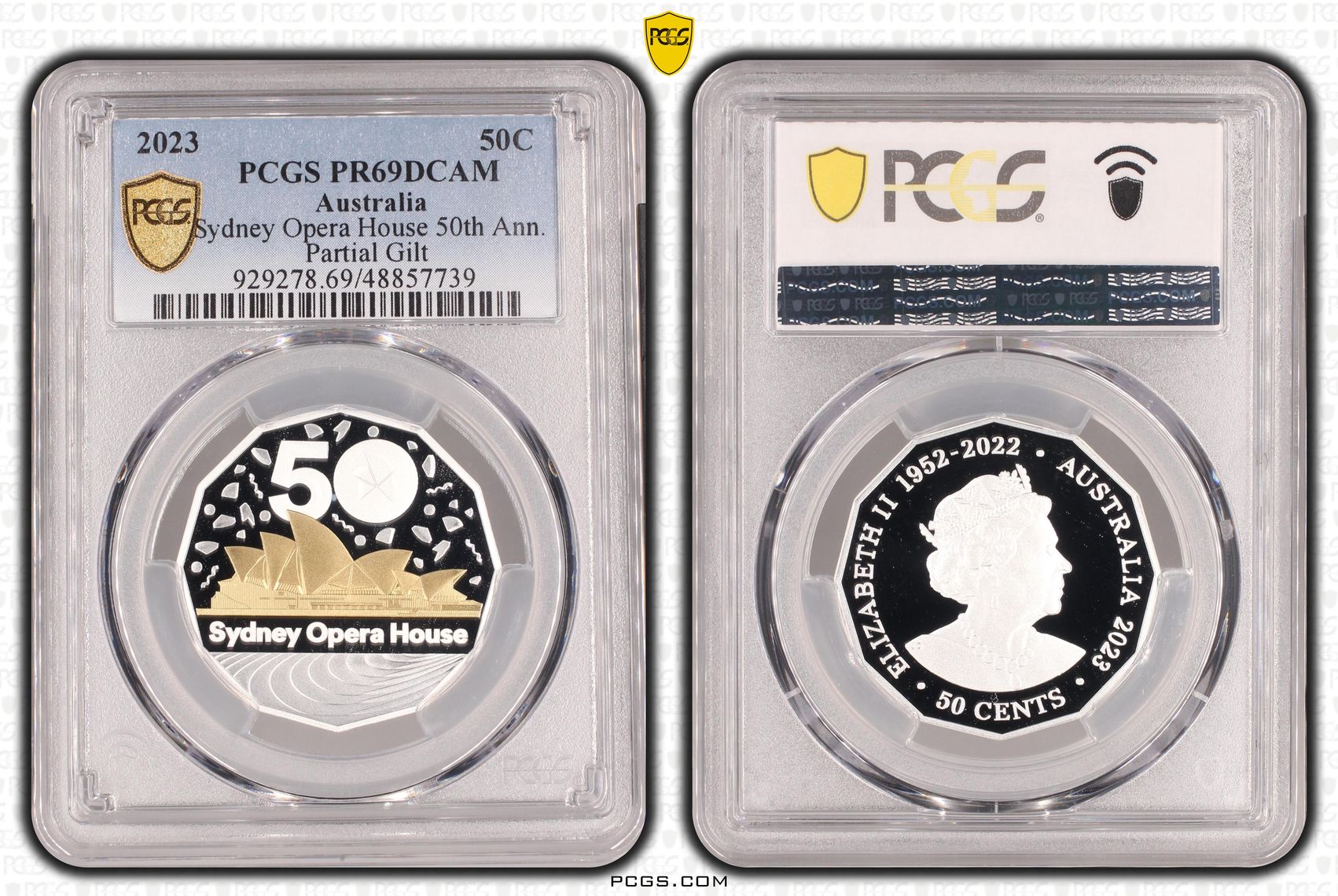 Sydney Opera House 50th Ann. - Partial Gilt, Silver, Fifty Cent, 2023, PCGS PR69DCAM