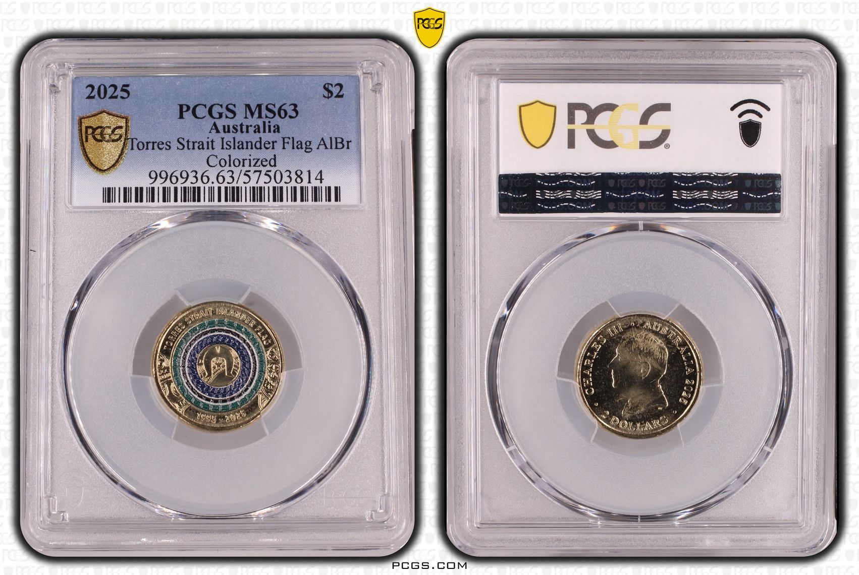 Torres Strait Islander Flag AlBr Colourised, Two Dollar, 2025, PCGS MS63