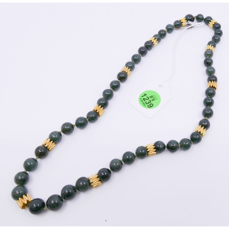 18K Spinach Jade Bead Necklace- 20'' (9mm beads)