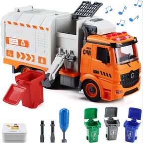 GARBAGE TRUCK TOYS, DIY REALISTIC RECYCLING TRASH TRUCK TOY WITH LIGHT AND SOUND, 4 TRASH CANS, GIFTS FOR 3 4 5 6 7 8 YEAR OLD BOY