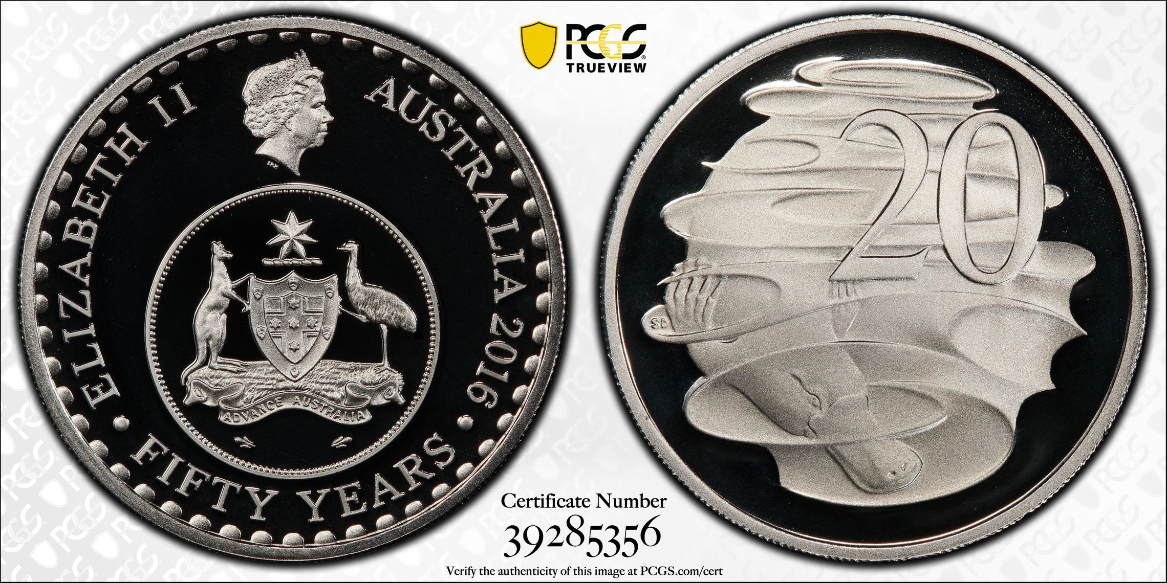 Elizabeth II, 50 Yrs Decimal Currency, Twenty Cent, 2016, PCGS PR69DCAM