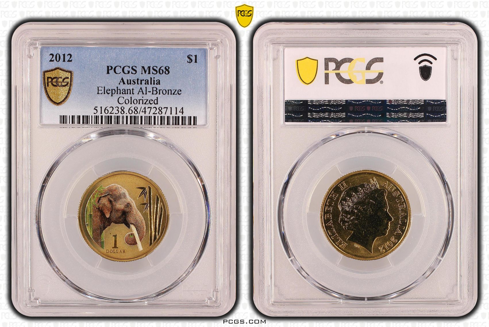 Elizabeth II, Elephant Al-Bronze, One Dollar, 2012, PCGS MS68