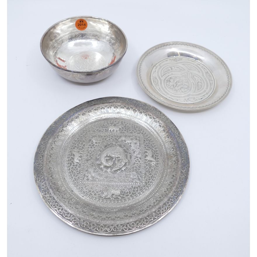 3pc Persian & Egyptian Silver Plates and Bowl- 338g TW.