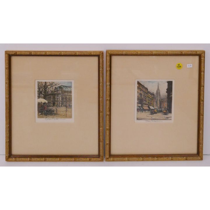 2pc Robert Kasimir Paris Scene Aquatint Etching Framed- 13x11.5''