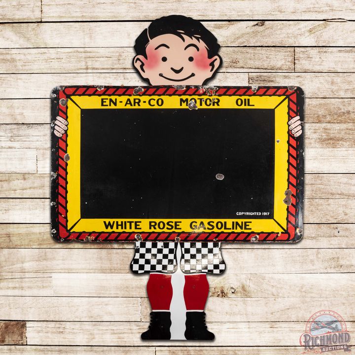 White Rose Gasoline En-ar-co Motor Oil Die Cut Single Sided Porcelain Sign w/ Boy & Slate