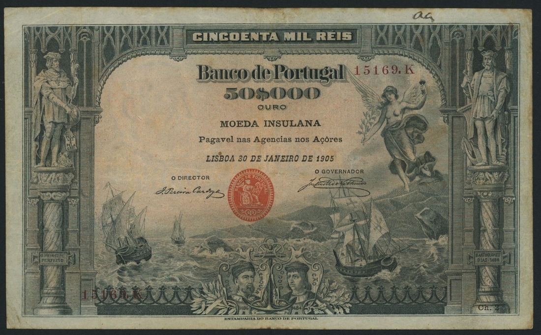 Azores, Banco de Portugal, 50,000 Reis, 30th January 1905, serial ...