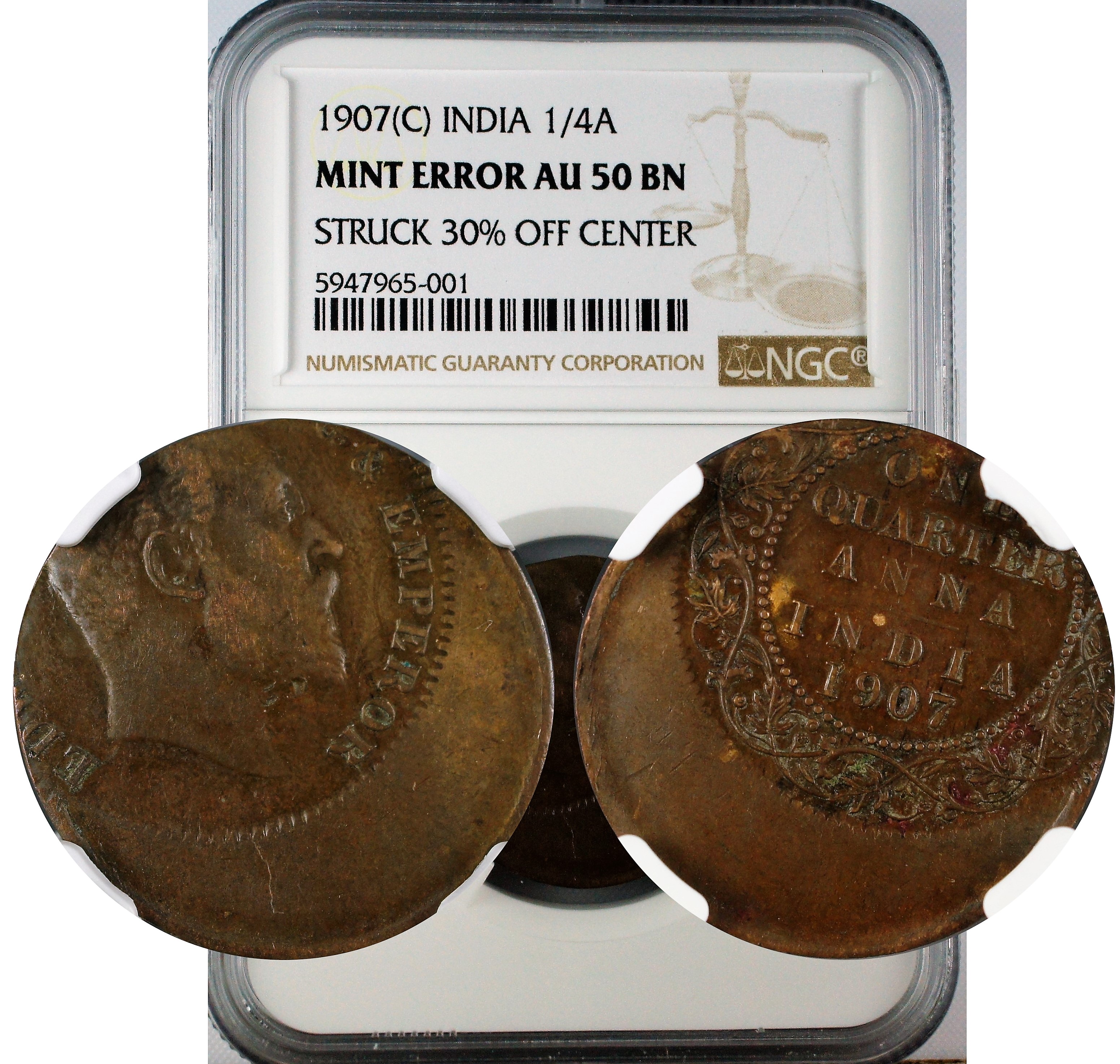 India 1907 C 1/4 Anna NGC Mint Error AU50 Brown