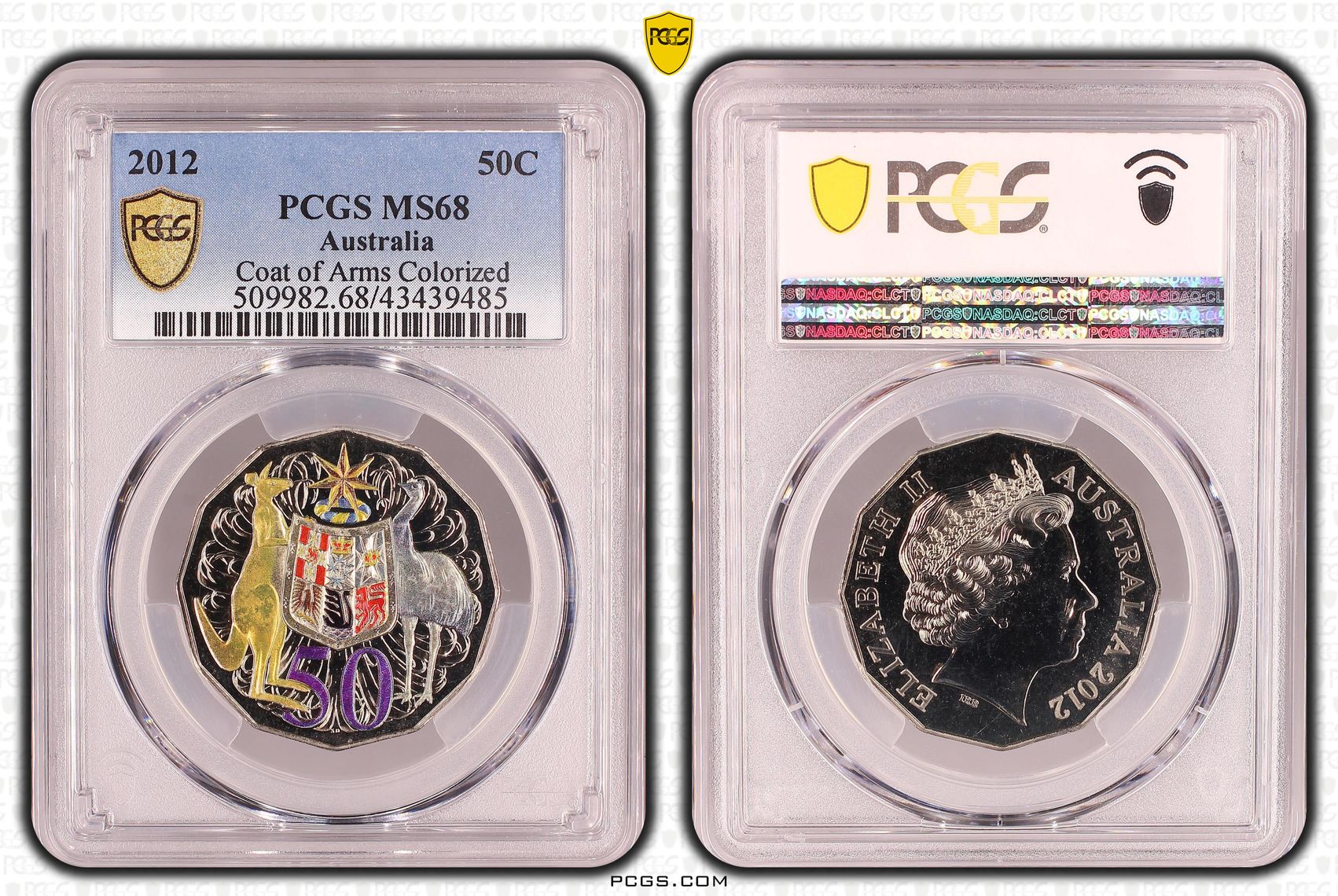 Elizabeth II, Coat of Arms Colorized, Fifty Cent, 2012, PCGS MS68