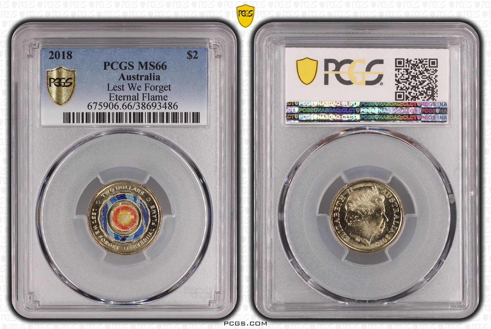 2018 Australia Two Dollar, $2 Lest We Forget - Eternal Flame PCGS - MS66 -486