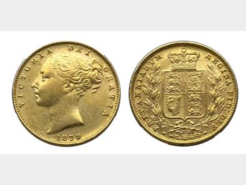 1879 VICTORIA YOUNG HEAD SYDNEY MINT SHIELD GOLD SOVEREIGN