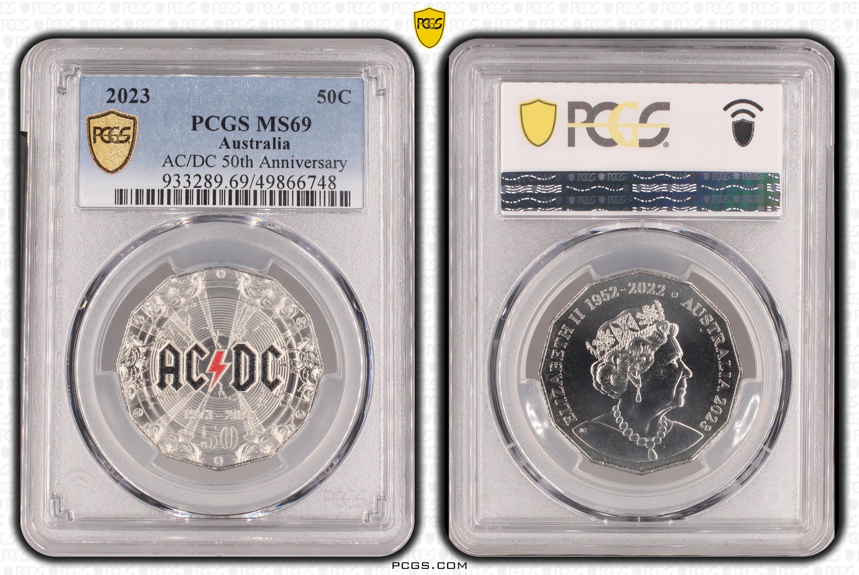 AC/DC 50th Anniversary Colorized POP 102/0, Fifty Cent, 2023, PCGS MS69