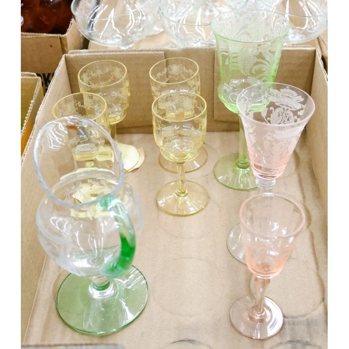 Box 8pc Etched Colored Glass Cordials