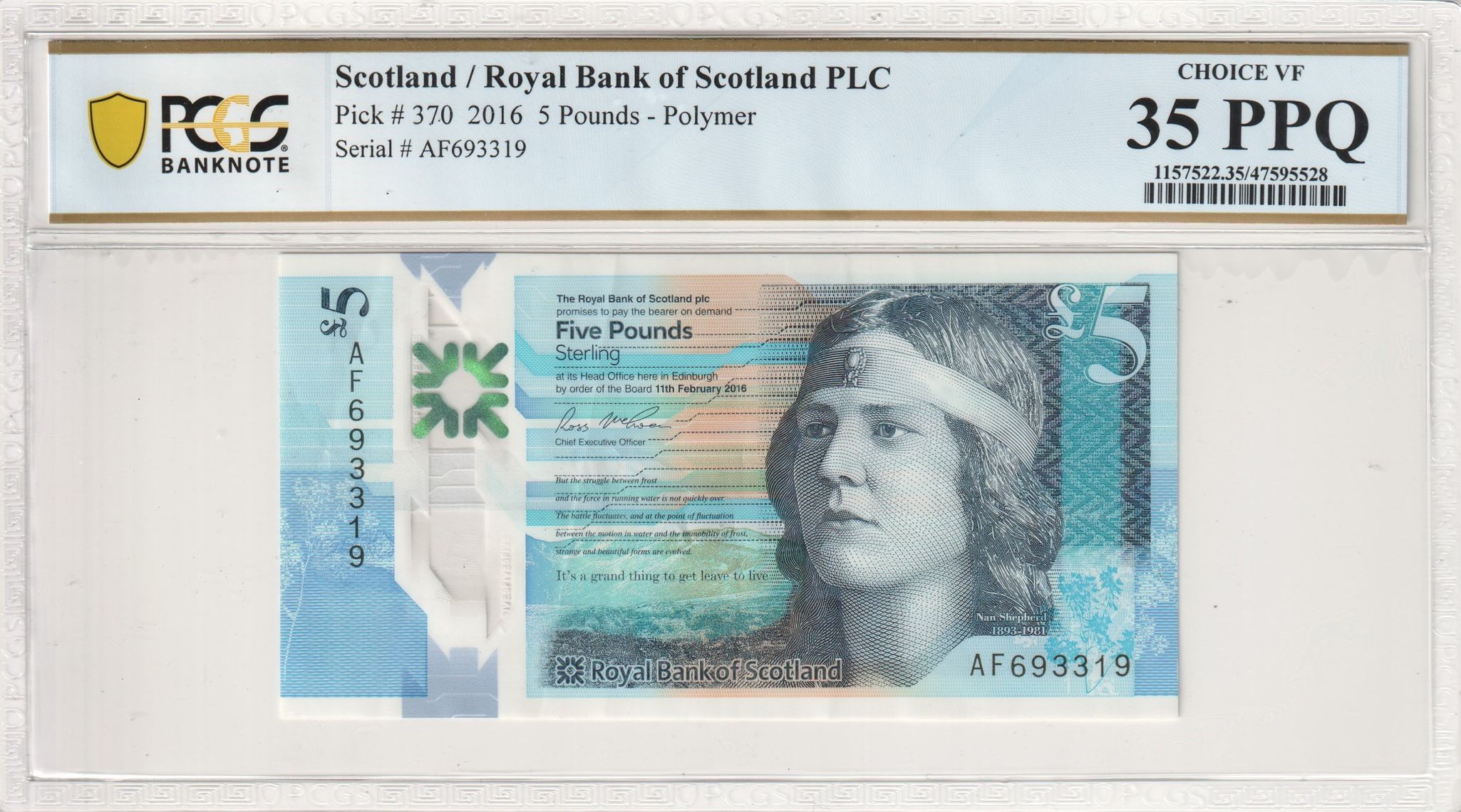 Scotland, Royal Bank of Scotland PLC, Polymer, Five Pound, 2016, PCGS Choice VF 35 PPQ