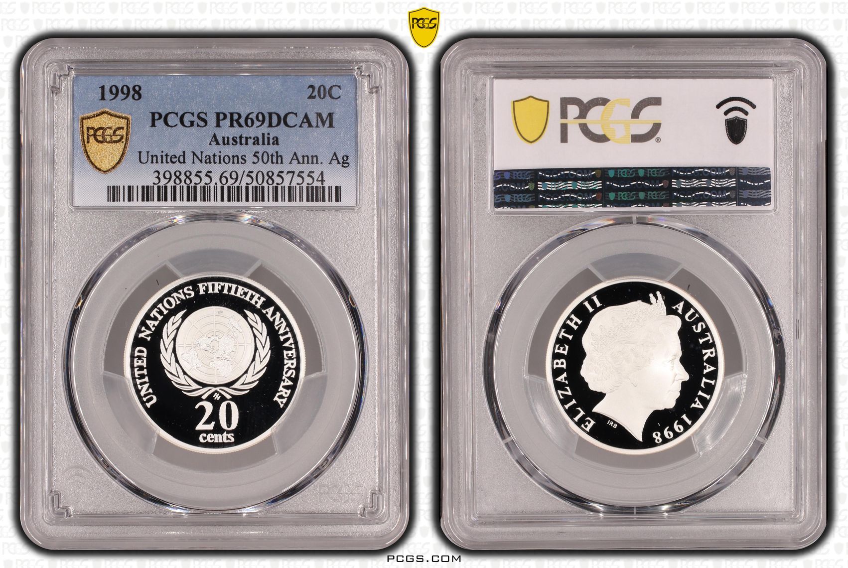 United Nations 50th Ann. Ag , Twenty Cent, 1998, PCGS PR69DCAM