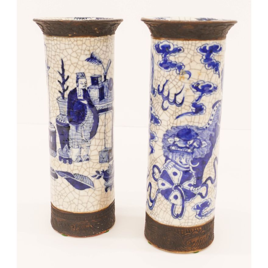2pc Chinese Qing Nanking Crackle Cylinder Vases