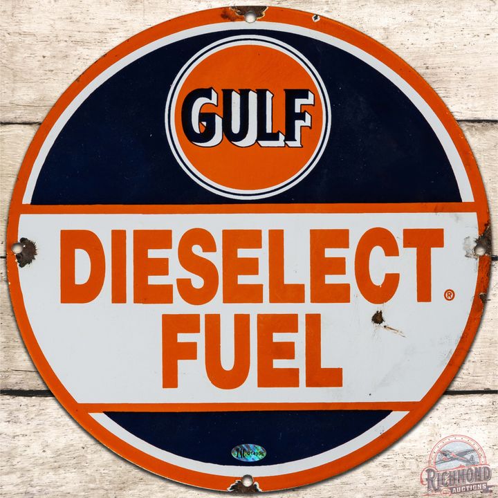 Gulf Dieselect Fuel SS Porcelain Sign w/ Logo