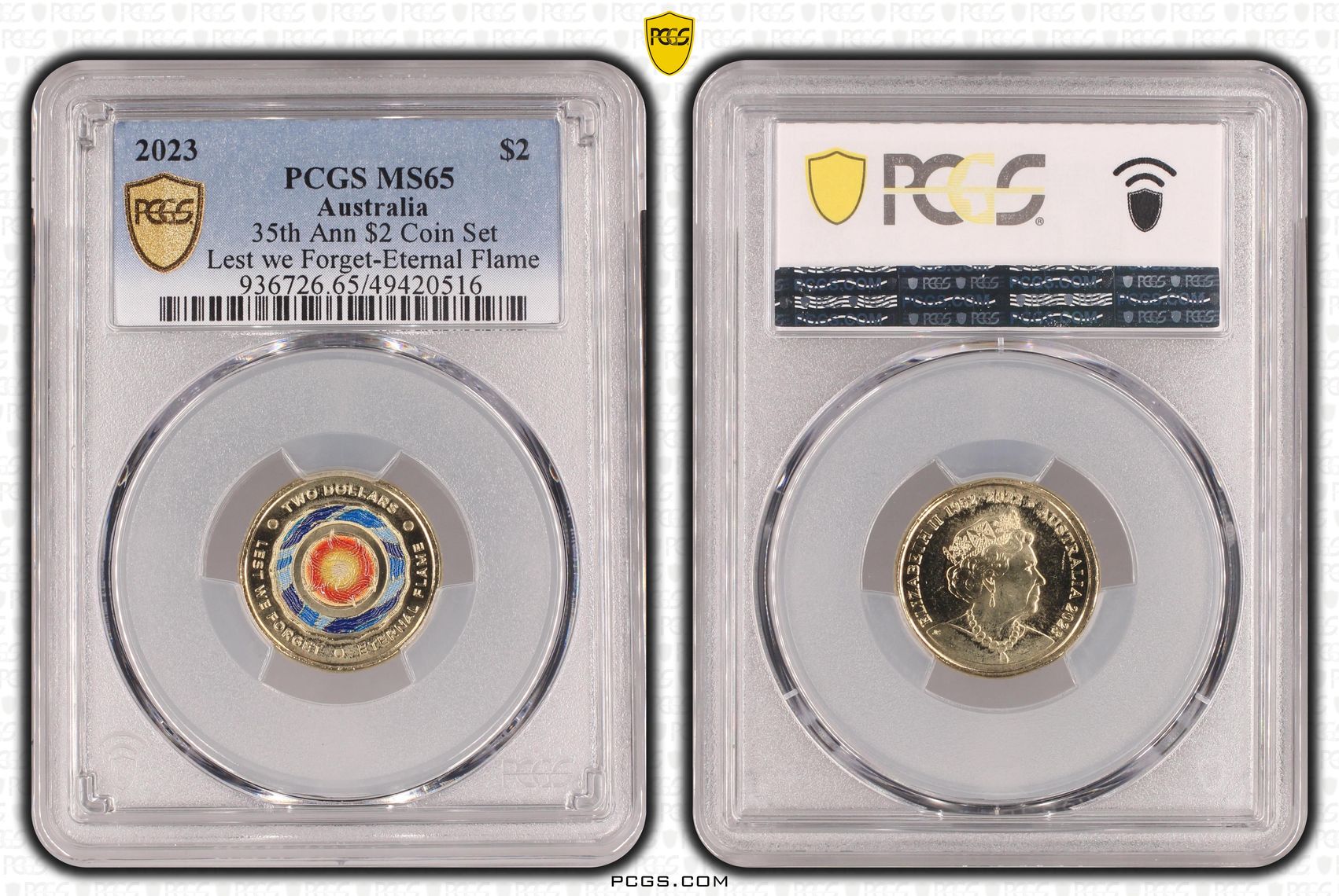 Elizabeth II, 35th Ann $2 Coin Set Lest we Forget Lest we Forget-Eternal Flame, Two Dollar, 2023, PCGS MS65