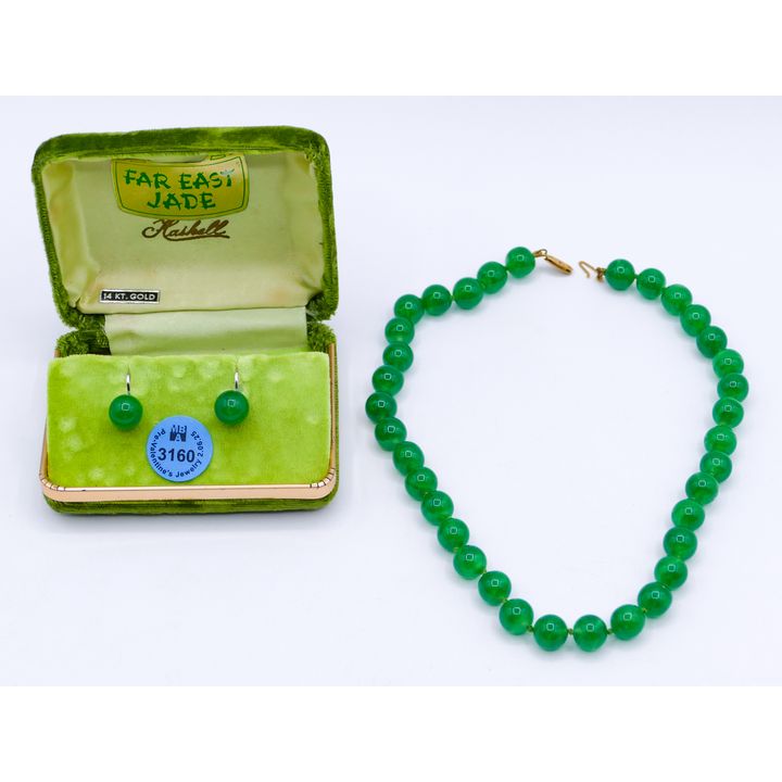 Vintage 14k Green Peking Glass Bead Necklace & Earrings