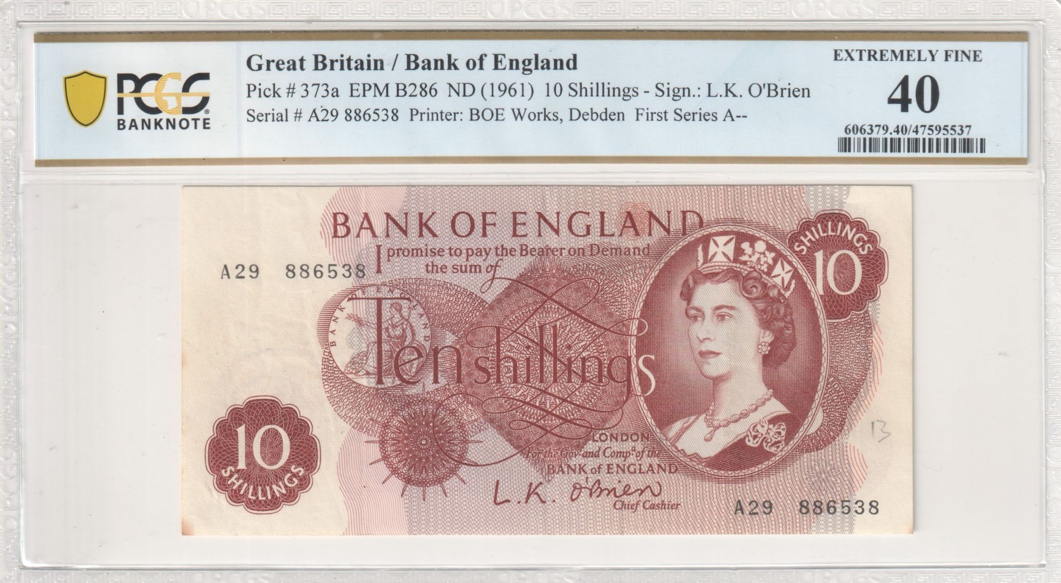 Great Britain, BOE Works, Debden, L.K. O'Brien, First Series A--, Ten Shilling, 1961, PCGS Extremely Fine 40