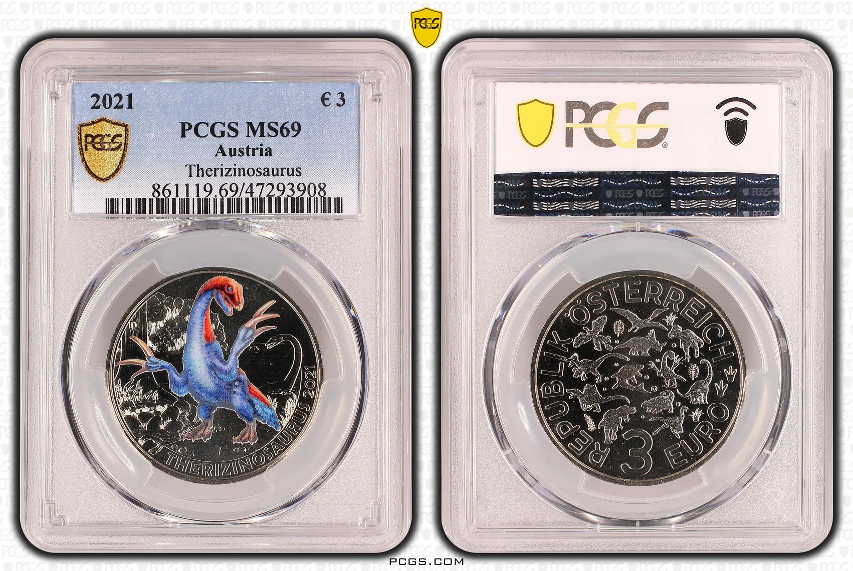 Austria, Therizinosaurus , 3 Euro, 2021, PCGS MS69