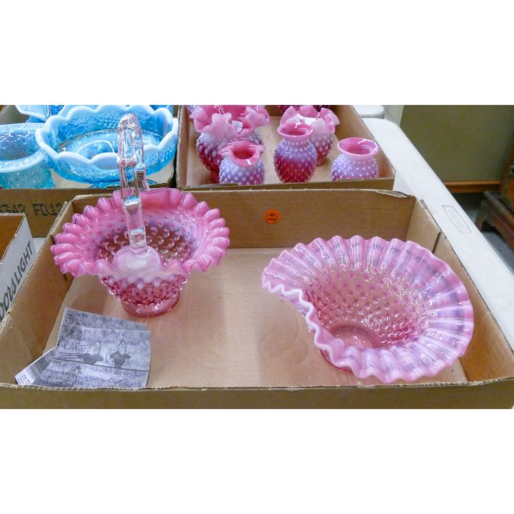 Box 2pc Fenton Cranberry Hobnail Basket etc.