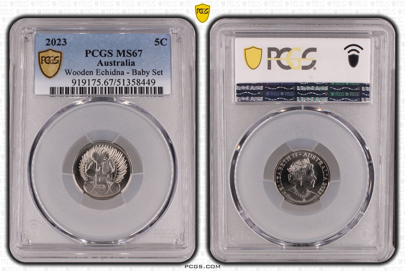 Wooden Echidna - Baby Set, Five Cent, 2023, PCGS MS67