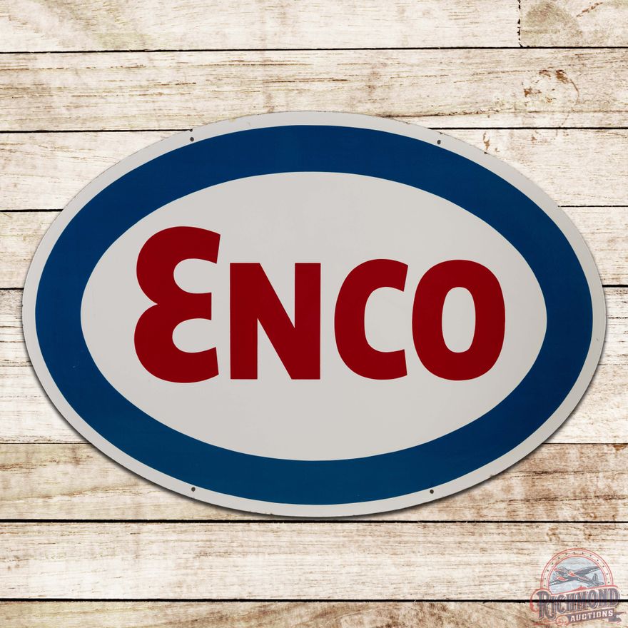 Exceptional Enco Gasoline 48" Double Sided Porcelain Service Station Sign "Minor"