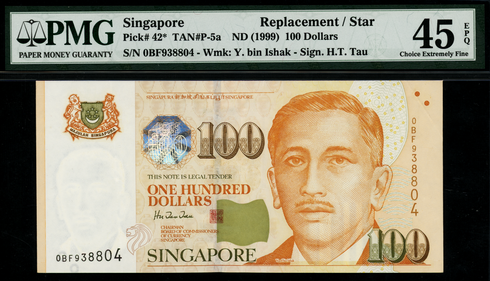 Singapore Portrait 1999 $100 HTT Replacement 0BF938804 PMG 45EPQ