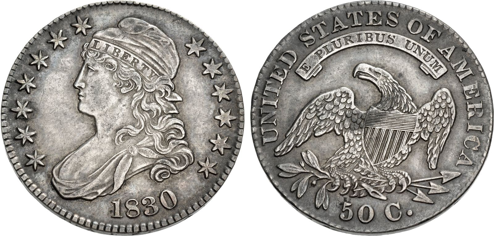 1830 Capped Bust Half Dollar. Large 0. O-122. Rarity 1. AU details ...