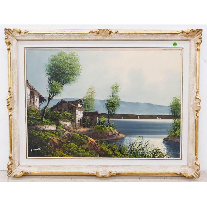 G. Vaneff European Lake Scene Oil Painting in Ornate Frame- 26x34''