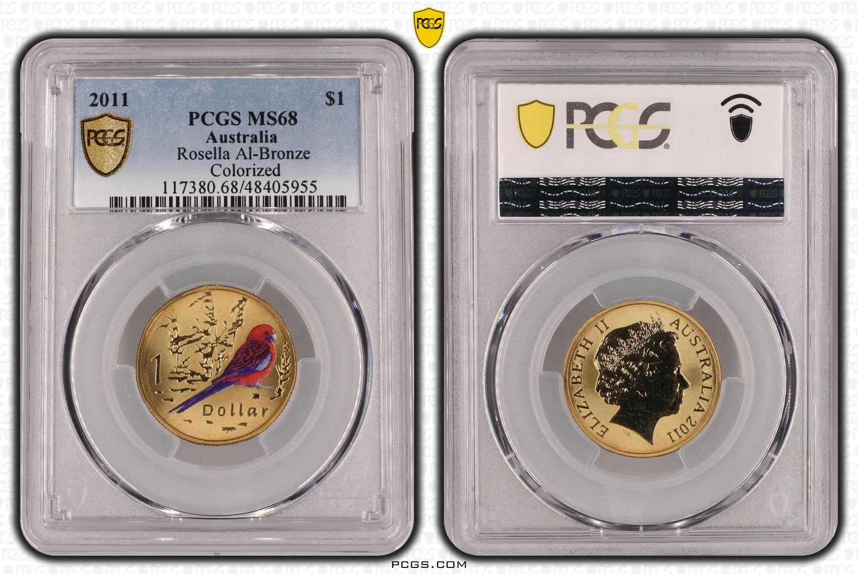 236 · Elizabeth II, Rosella Al-Bronze Colorized, One Dollar, 2011, PCGS MS68