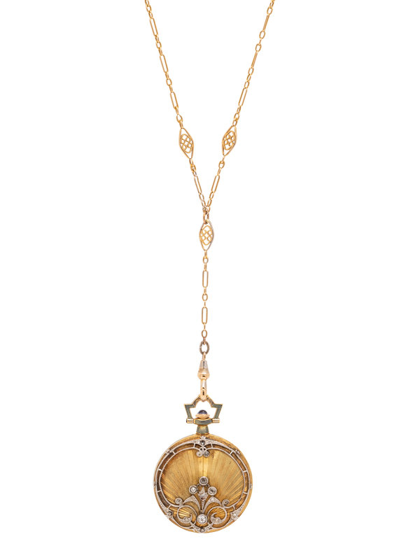 LONGINES, WITTNAUER &amp; CO., 18K YELLOW GOLD, ENAMEL AND DIAMOND POCKET WATCH WITH CHAIN