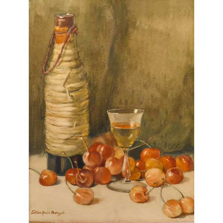 Lillian Annin Pettingill Still Life with Wine & Cherries Watercolor.