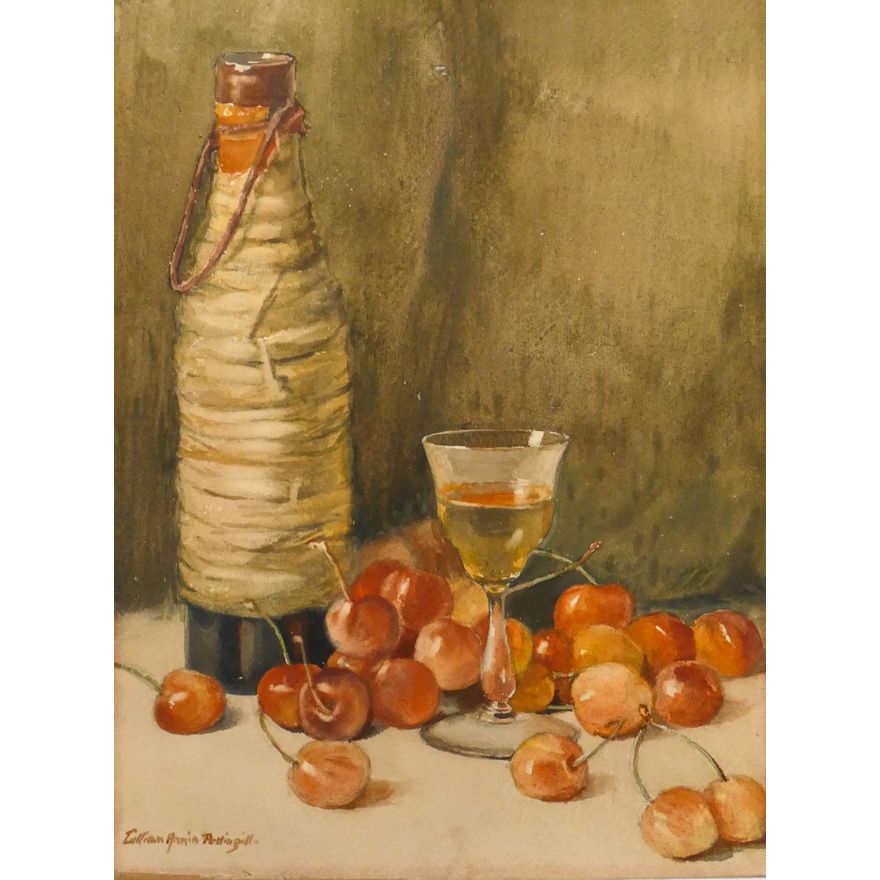 Lillian Annin Pettingill Still Life with Wine & Cherries Watercolor.