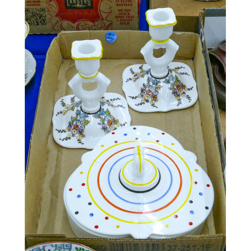 Box Vintage Decorated Milk Glass Candlesticks Etc.