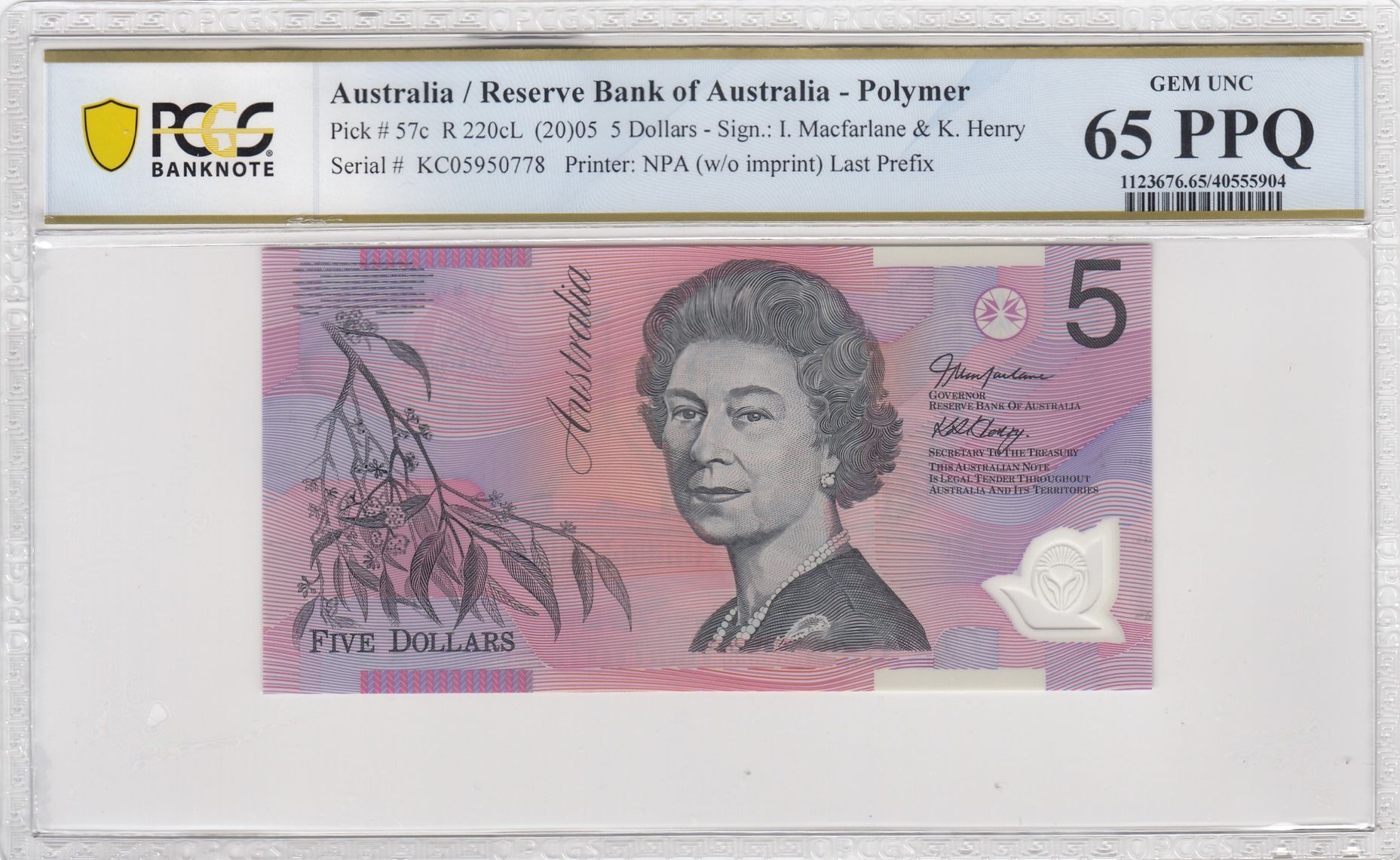 8 · Macfarlane/Henry, Last Prefix, Five Dollar, 2005, PCGS Gem UNC 65 PPQ