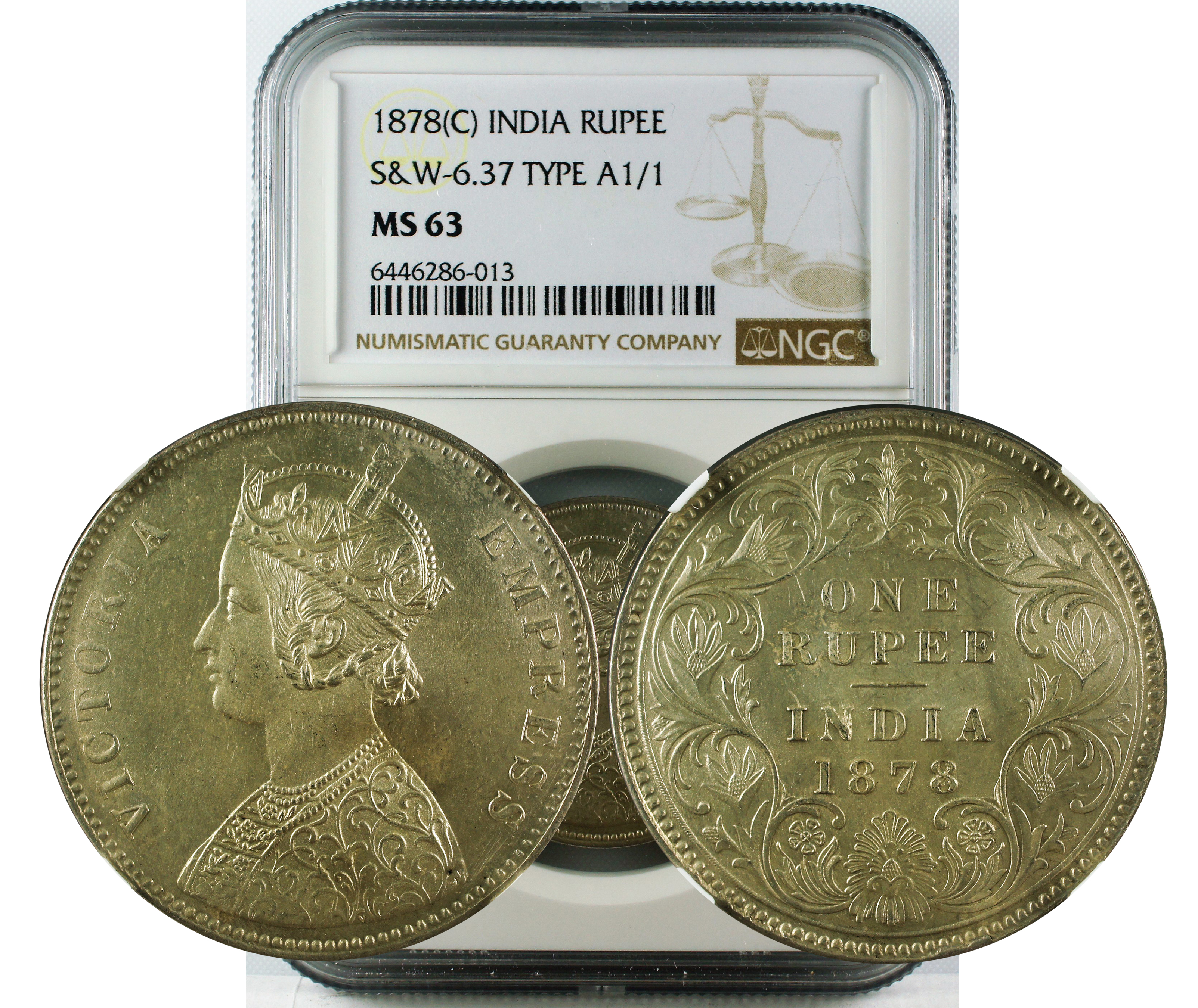 1878 C INDIA RUPEE S&W 6.37 TYPE A1/1 MS63